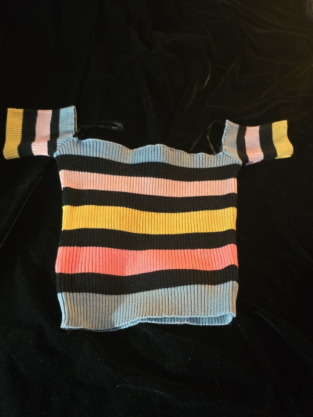 Lulu's Multicolor Striped Off-Shoulder Sweater - Black, Pink, Yellow, Blue